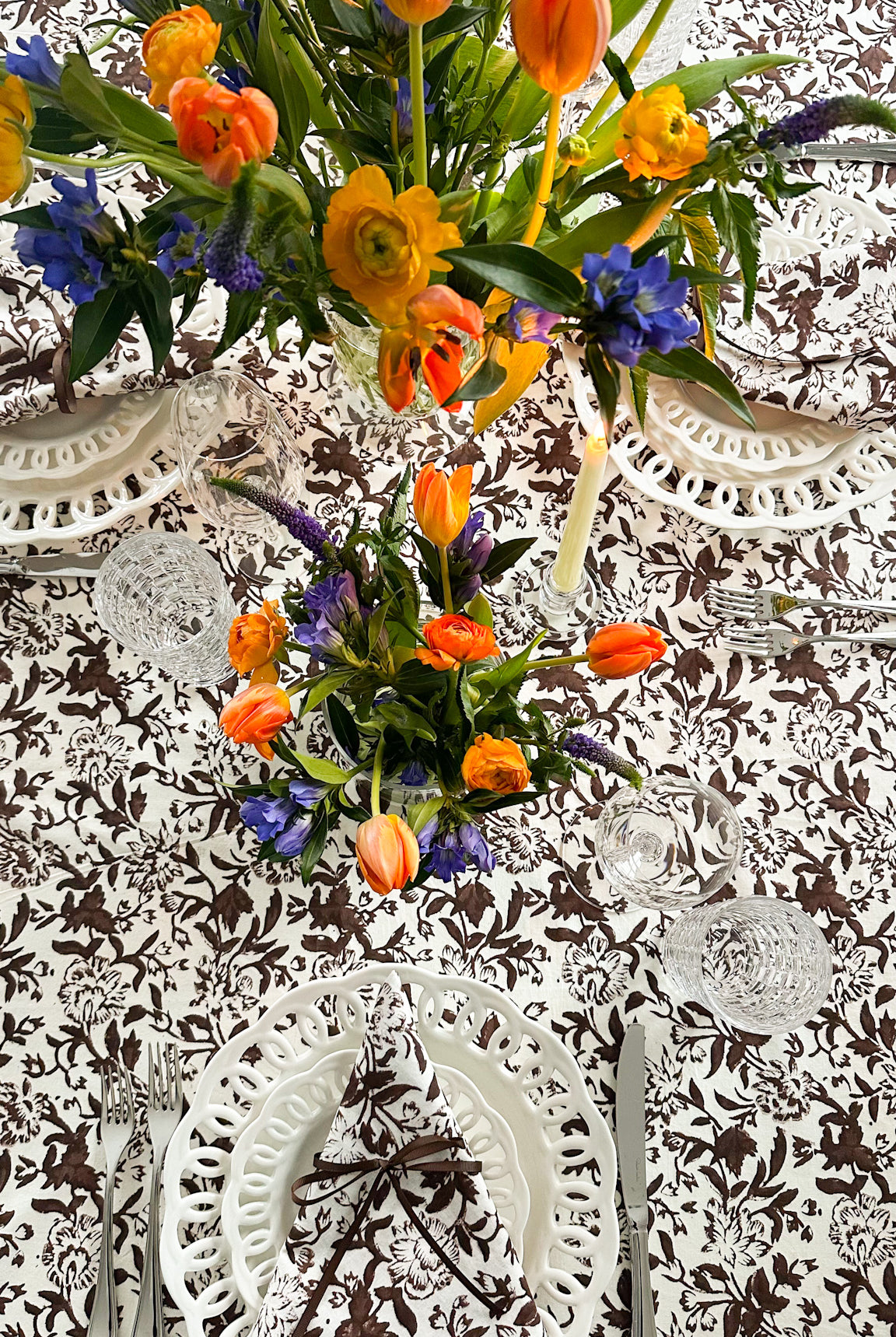 Sara Khatib Design Chocolate Wildflower Brown and White 120 inches flower rectangle floral hand block printed fall tablecloth perfect for Thanksgiving tables