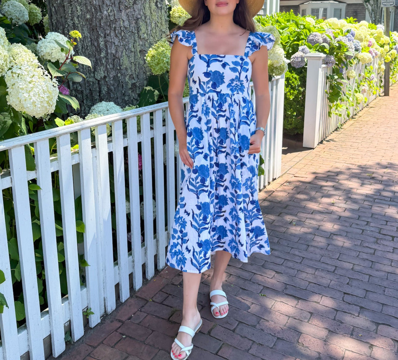 Madaket Nantucket Blue and White Cobalt Floral Print Hand Block Print Midi Dress with Smocked Back by Sara Khatib Design