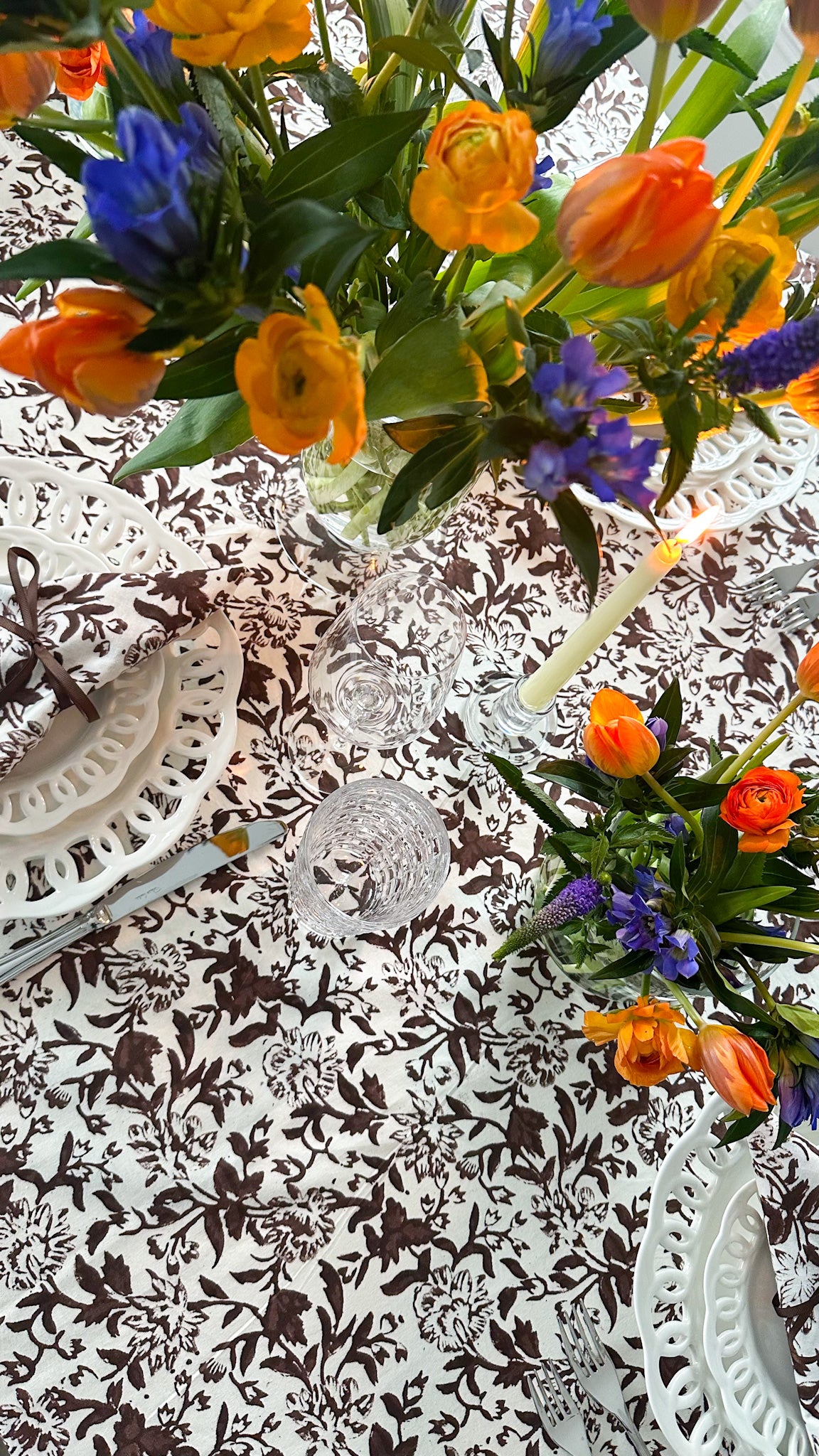 Sara Khatib Design Chocolate Wildflower Brown and White 120 inches rectangle floral hand block print fall tablecloth