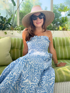 Sara Khatib in the Easy Breezy Dress in Cerulean Fern a classic blue and white  print 