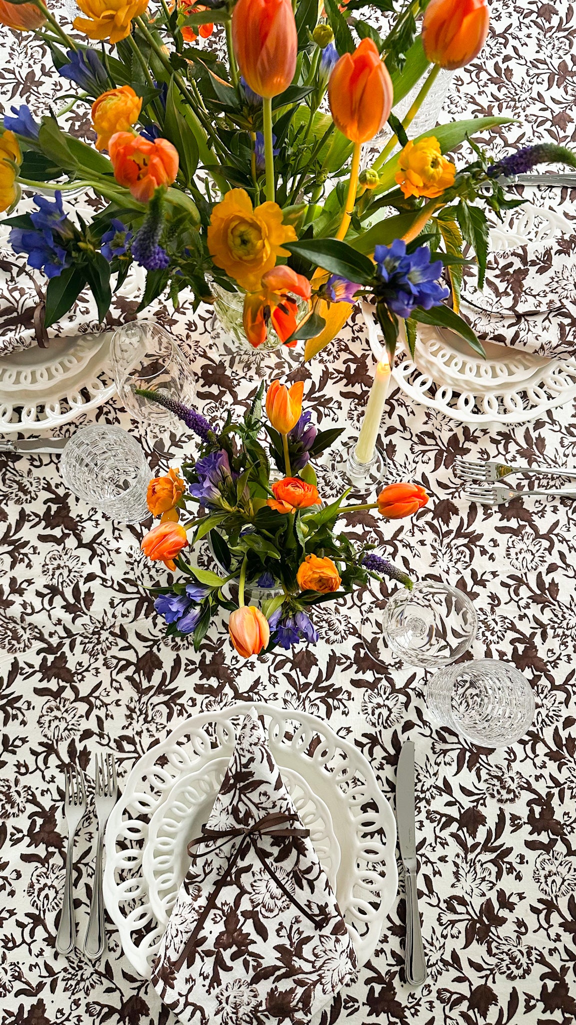 Sara Khatib Design Chocolate Wildflower Brown and White 120 inches flower rectangle floral hand block printed fall tablecloth perfect for Thanksgiving tables